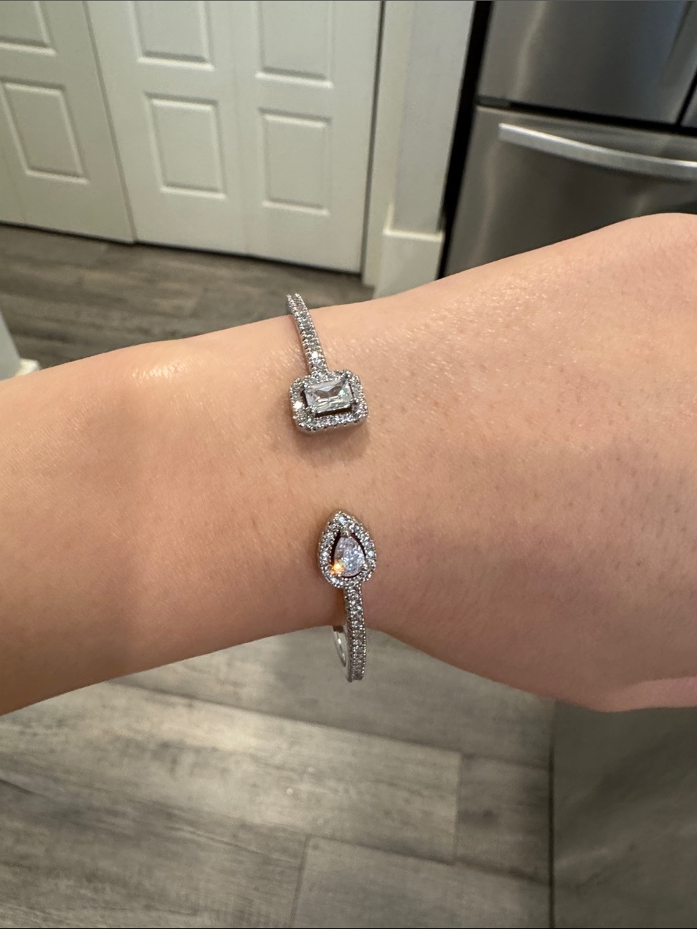 Silver Tone Open Cuff CZ Bangle Bracelet Emerald & Pear Cut